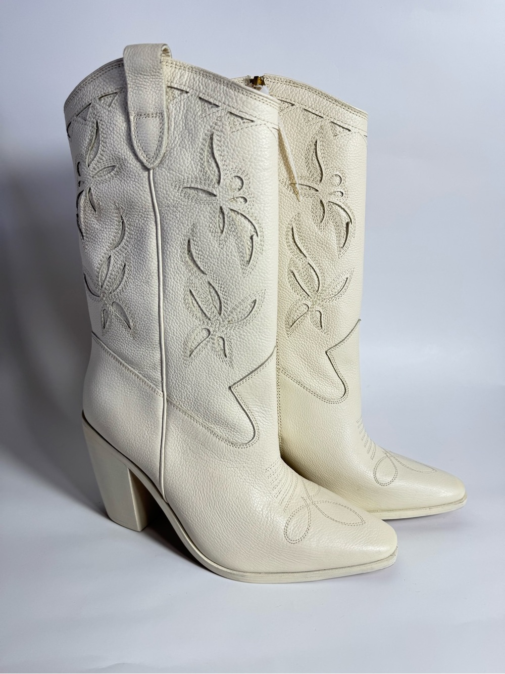 Vince Camuto Off-White Western-Style Mid-Calf Heeled Boots